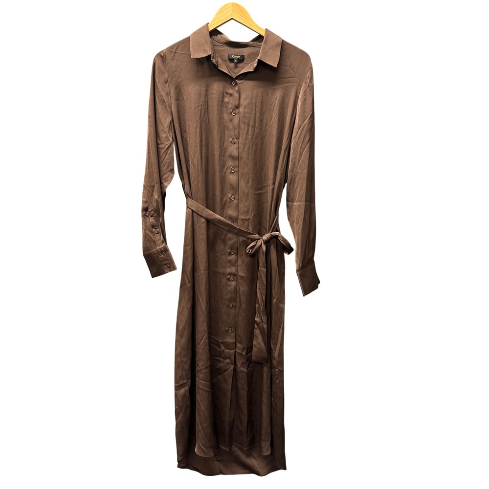 Quince Maxi Shirt Dress Womens L Washable Stretch Silk Hot Fudge Brown Belted